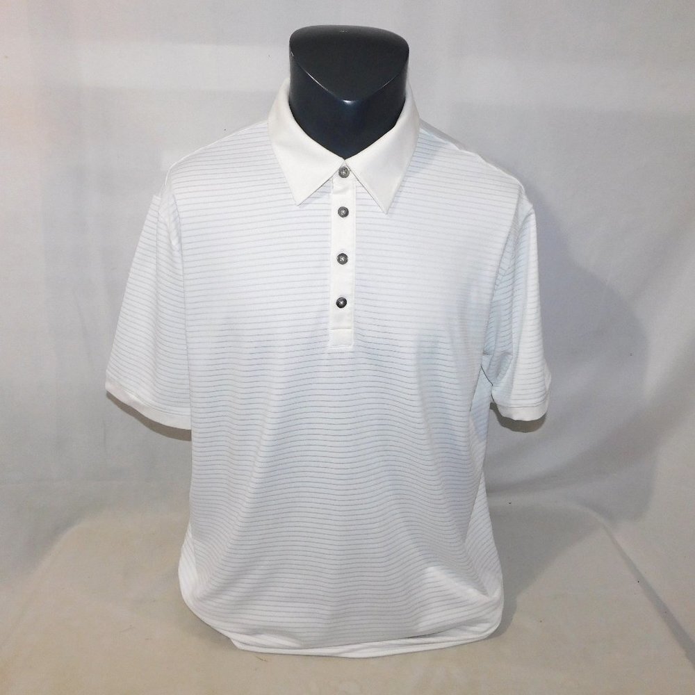 Adidas Golf adiPure White Light Blue Striped Polo Shirt Mens L